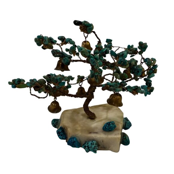 Handcrafted Turquoise Gem Tree Sculpture With Bells On Marble Base - Picture 6 of 8